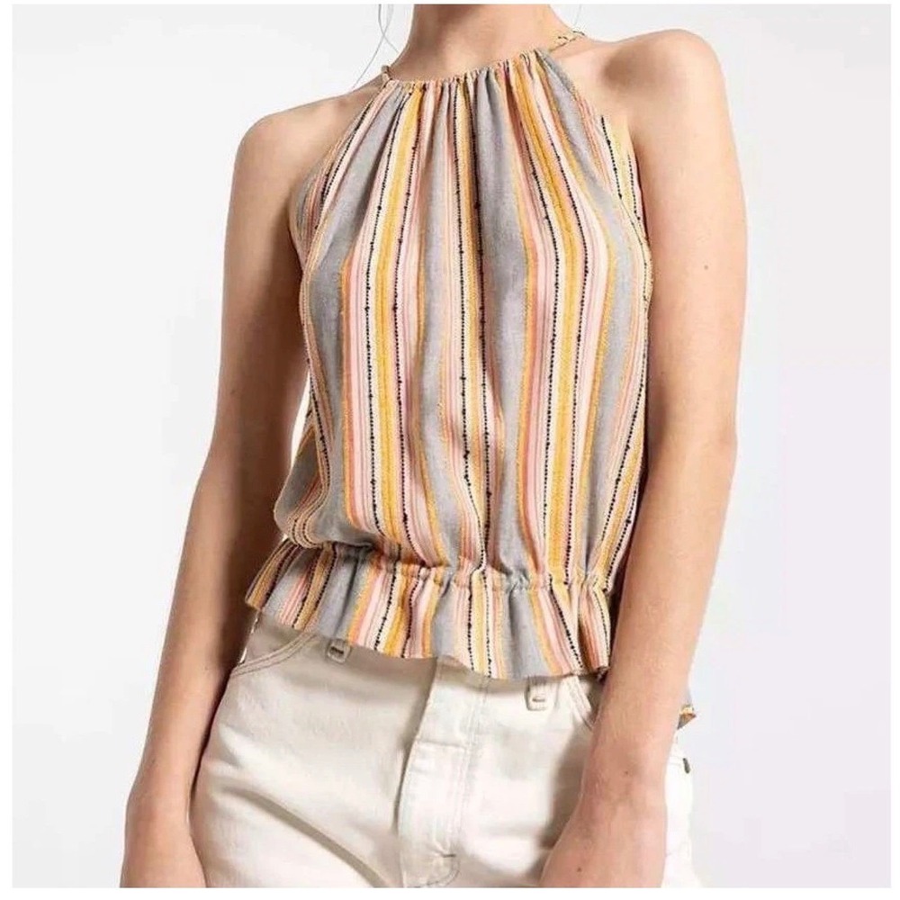 Others Follow Buckle Striped Halter Peplum Top Yellow Pink Grey Medium‎ OT201302